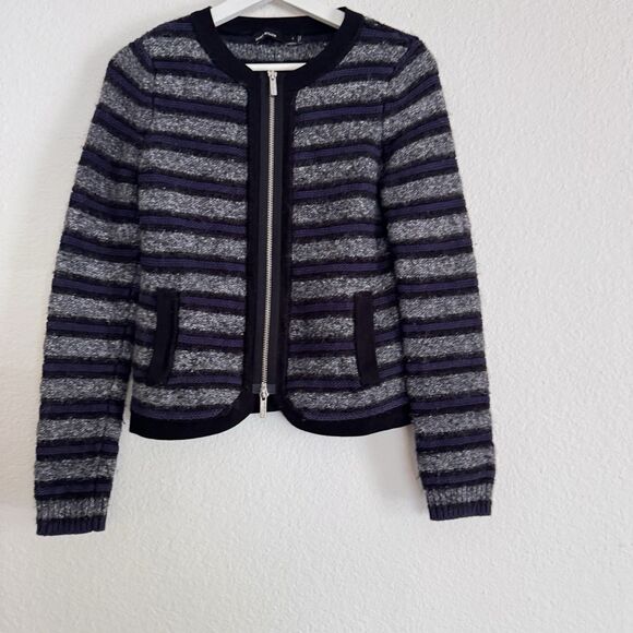 Karen Millen Cardigan Sz 4 Gray Black Blue Striped Cotton Mohair Blend Zip Pocke - Picture 1 of 11